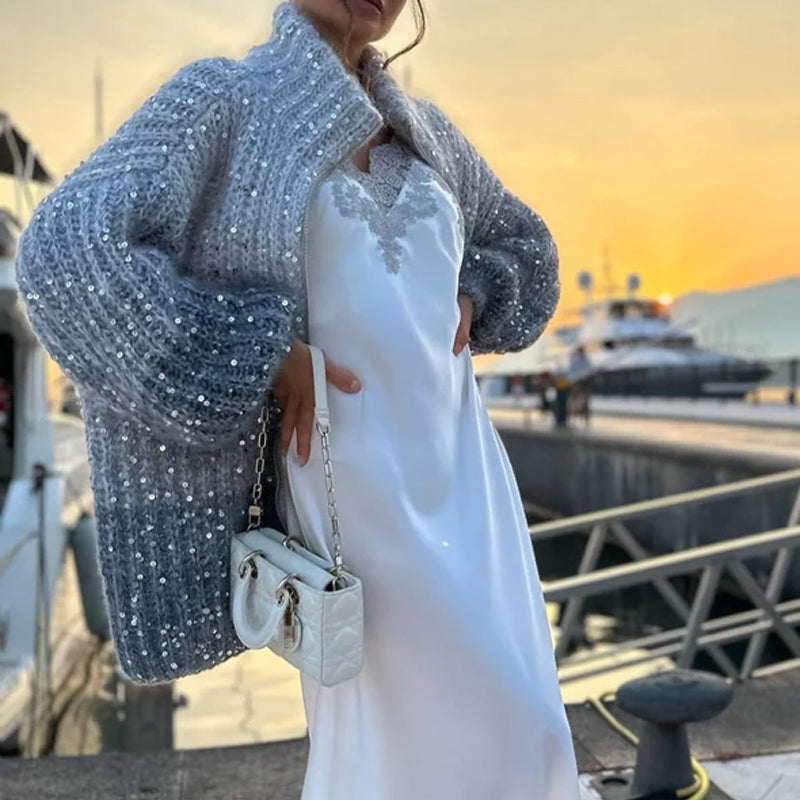 Egyszínű csillogós kötött pulóver